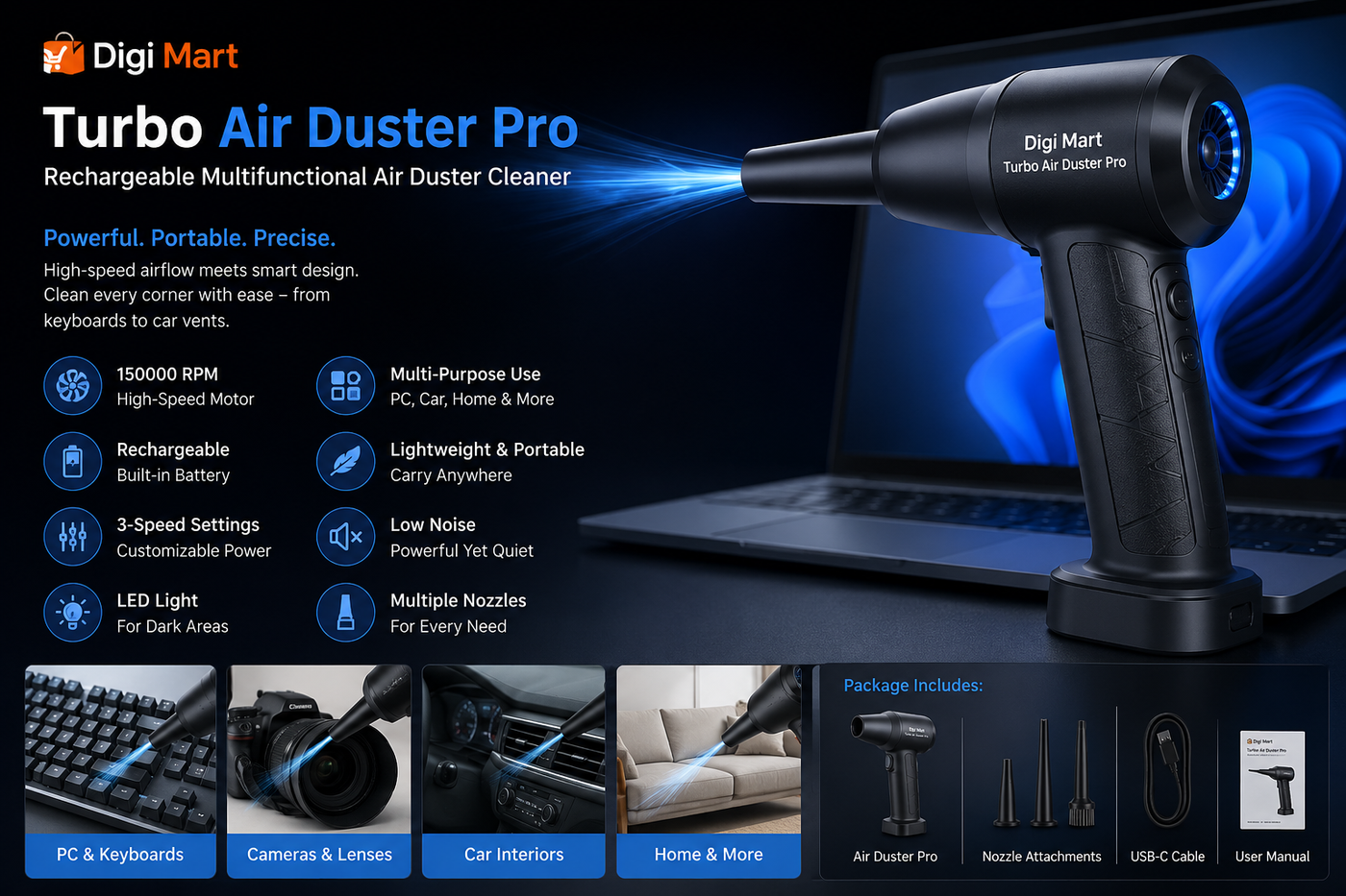 Digi Mart Turbo Air Duster Pro – Rechargeable Multifunctional Air Duster Cleaner for PC, Car & Home