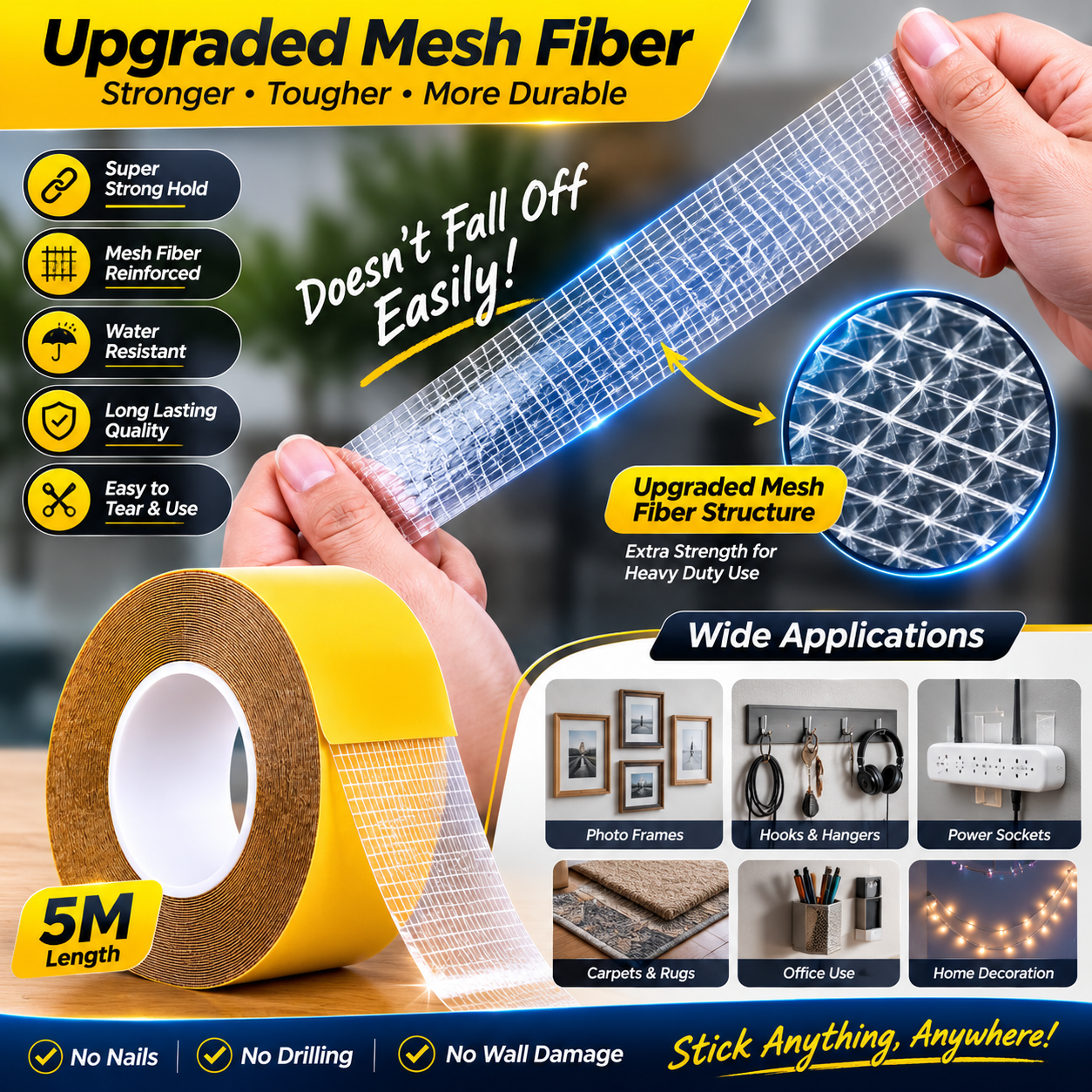 Adhesive Strength Mesh Double-Sided Tape – Heavy Duty Multipurpose Mounting Tape (5M)